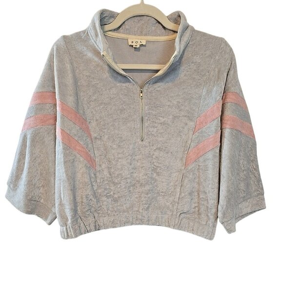 Y2K Velour Crop top 1/4 zip dolman sleeves mob wife size M gray and pink POL - Picture 1 of 16